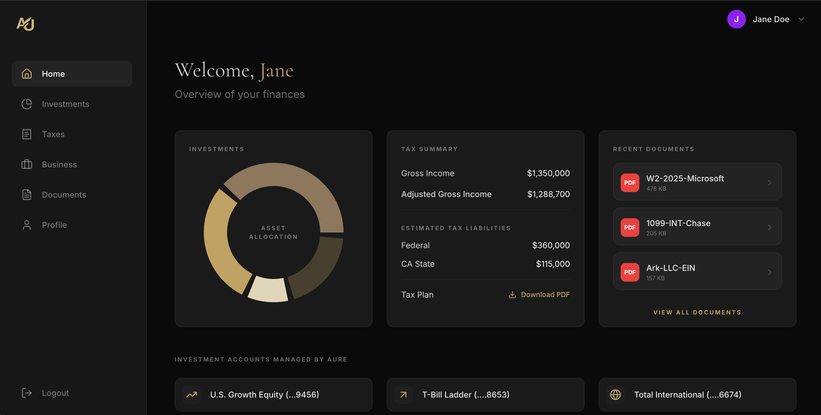 Aure wealth management dashboard